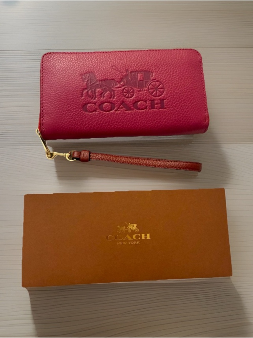 Coach Horse & Carriage Pebbled Leather Colorblock Long Zip Wallet, Red/Pink